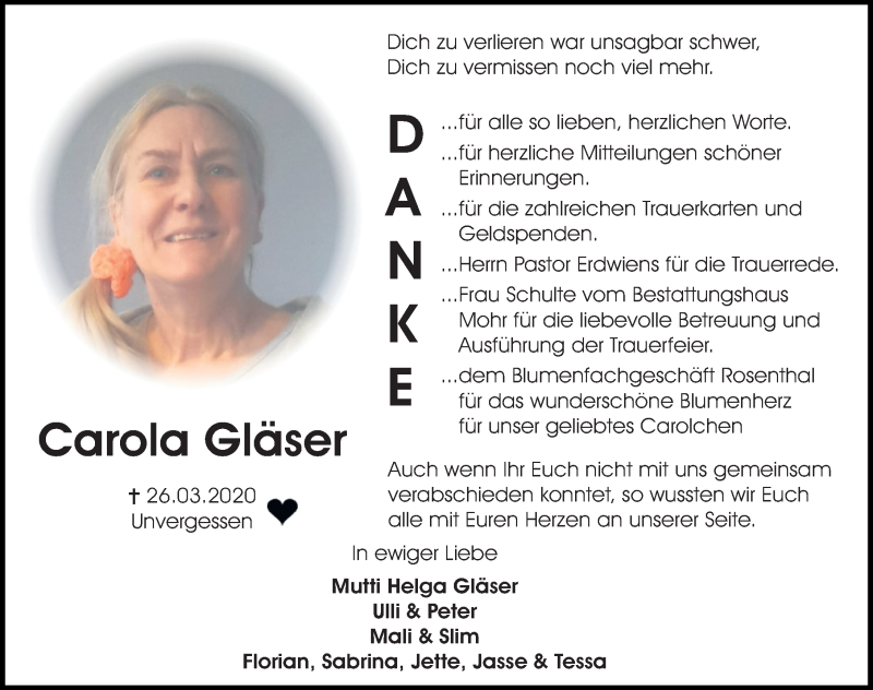  Traueranzeige für Carola Gläser vom 08.05.2020 aus Aller Zeitung