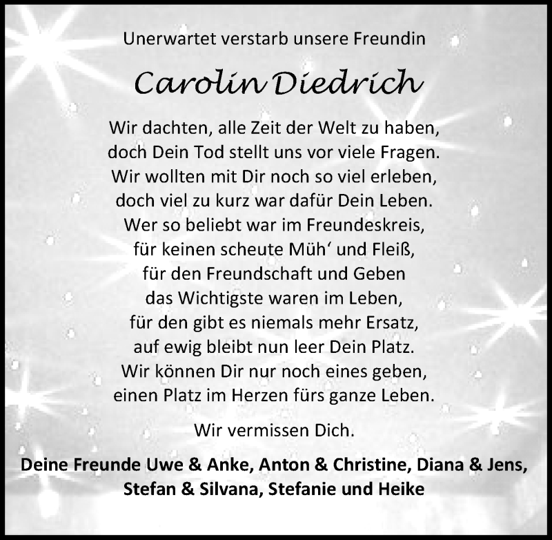  Traueranzeige für Carolin Diedrich vom 30.05.2020 aus Eichsfelder Tageblatt