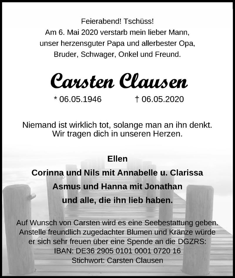  Traueranzeige für Carsten Clausen vom 09.05.2020 aus Kieler Nachrichten
