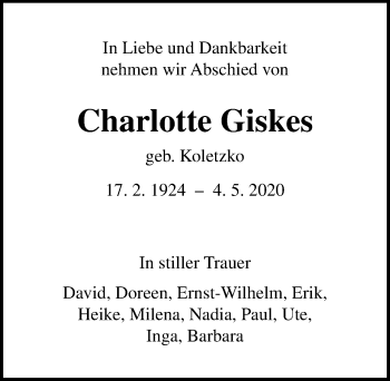 Traueranzeige von Charlotte Giskes von Ostsee-Zeitung GmbH