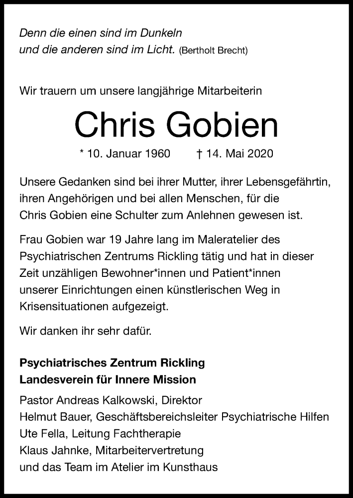  Traueranzeige für Chris Gobien vom 23.05.2020 aus Kieler Nachrichten