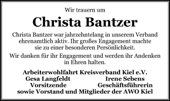 Traueranzeige von Christa Bantzer von Kieler Nachrichten