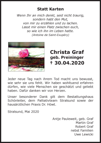 Traueranzeige von Christa Graf von Ostsee-Zeitung GmbH