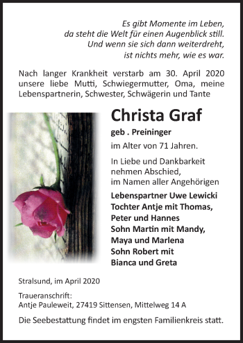 Traueranzeige von Christa Graf von Ostsee-Zeitung GmbH