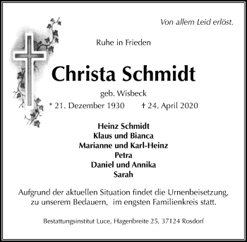 Traueranzeige von Christa Schmidt von Göttinger Tageblatt