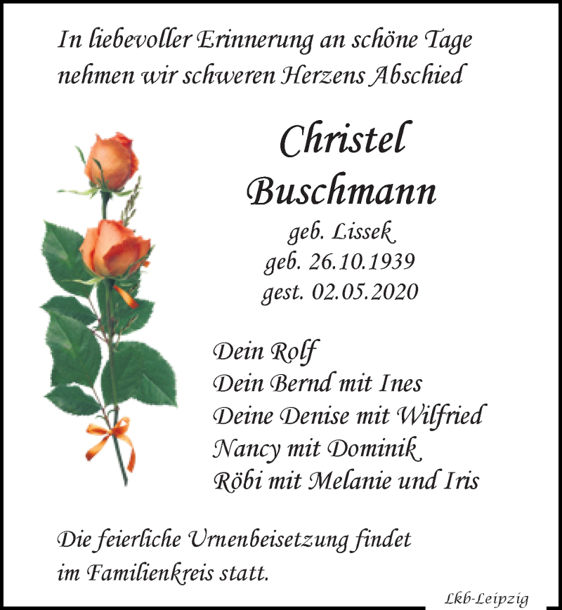  Traueranzeige für Christel Buschmann vom 09.05.2020 aus Leipziger Volkszeitung