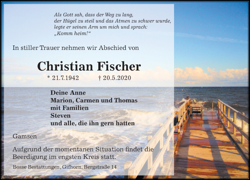  Traueranzeige für Christian Fischer vom 23.05.2020 aus Aller Zeitung