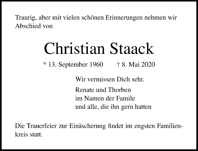  Traueranzeige für Christian Staack vom 13.05.2020 aus Lübecker Nachrichten
