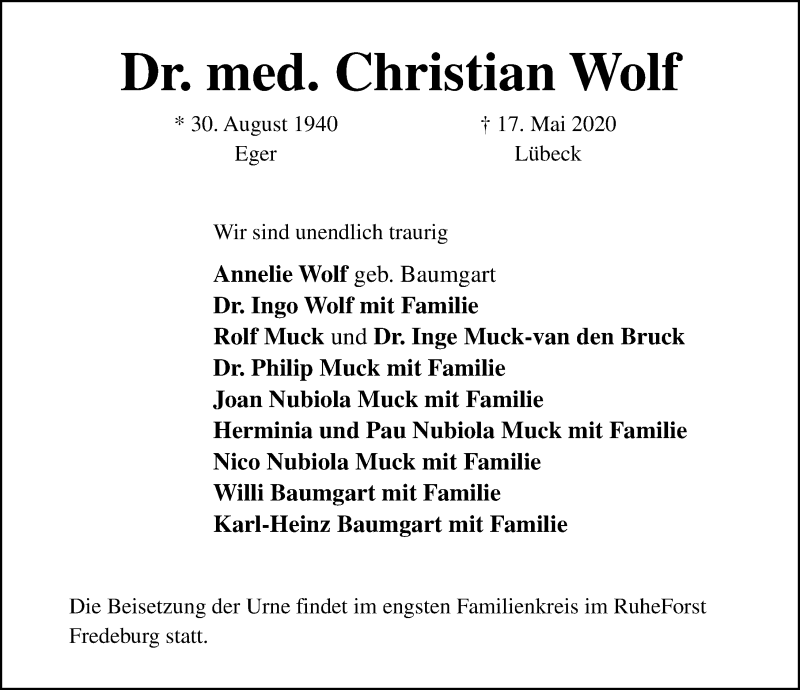  Traueranzeige für Christian Wolf vom 24.05.2020 aus Lübecker Nachrichten