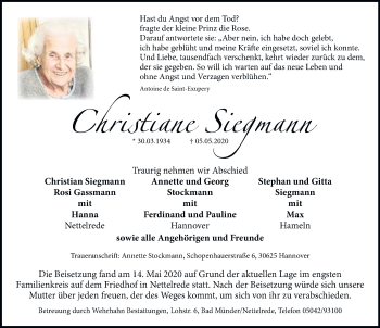 Traueranzeige von Christiane Siegmann von Hannoversche Allgemeine Zeitung/Neue Presse