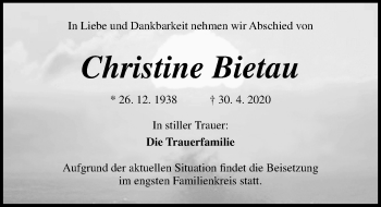 Traueranzeige von Christine Bietau von Ostsee-Zeitung GmbH