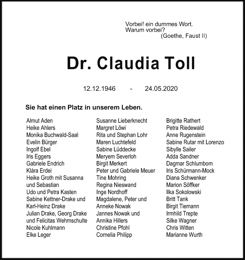  Traueranzeige für Claudia Toll vom 30.05.2020 aus Hannoversche Allgemeine Zeitung/Neue Presse