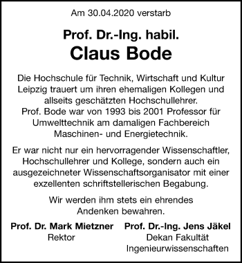 Traueranzeige von Claus Bode von Leipziger Volkszeitung