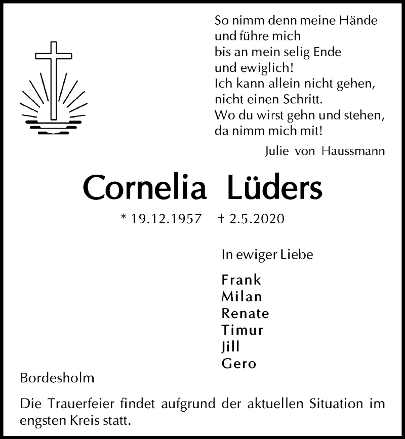  Traueranzeige für Cornelia Lüders vom 09.05.2020 aus Kieler Nachrichten