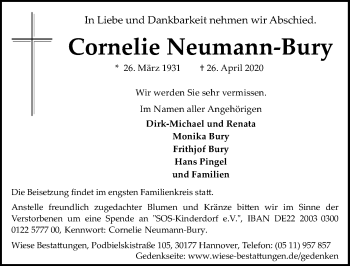 Traueranzeige von Cornelie Neumann-Bury von Hannoversche Allgemeine Zeitung/Neue Presse