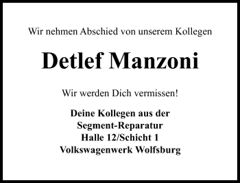 Traueranzeige von Detlef Manzoni von Aller Zeitung