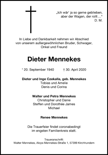 Traueranzeige von Dieter Mennekes von Märkischen Allgemeine Zeitung