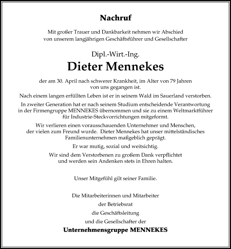  Traueranzeige für Dieter Mennekes vom 08.05.2020 aus Märkischen Allgemeine Zeitung