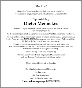 Traueranzeige von Dieter Mennekes von Märkischen Allgemeine Zeitung