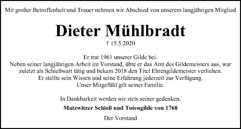  Traueranzeige für Dieter Mühlbradt vom 23.05.2020 aus Kieler Nachrichten