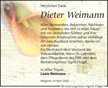 Traueranzeige von Dieter Weimann von Leipziger Volkszeitung