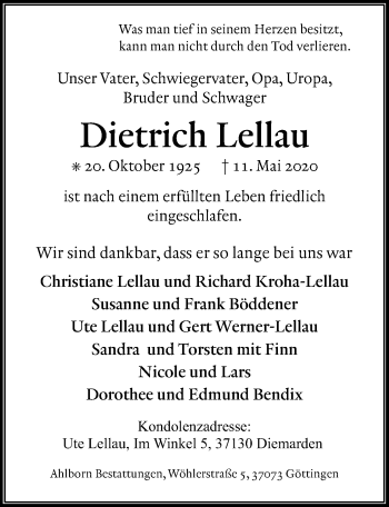Traueranzeige von Dietrich Lellau von Göttinger Tageblatt
