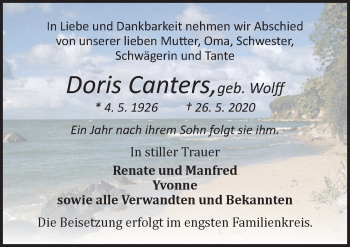 Traueranzeige von Doris Canters von Ostsee-Zeitung GmbH