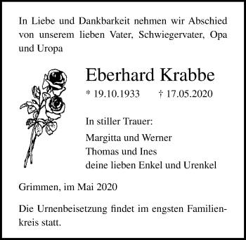 Traueranzeige von Eberhard Krabbe von Ostsee-Zeitung GmbH