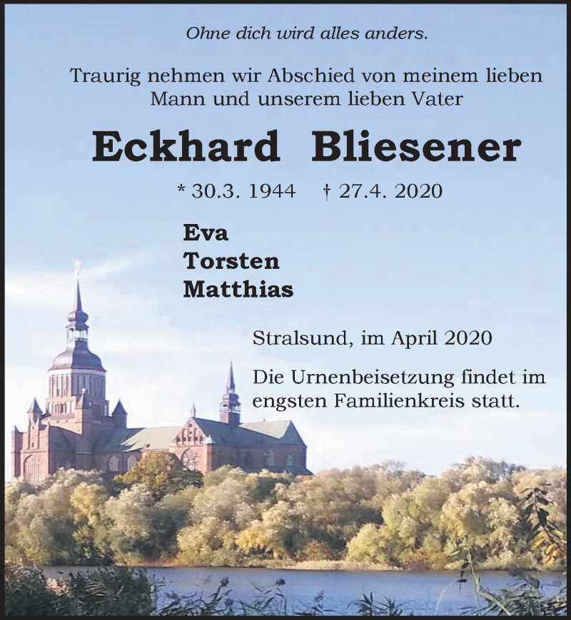  Traueranzeige für Eckhard Bliesener vom 09.05.2020 aus Ostsee-Zeitung GmbH