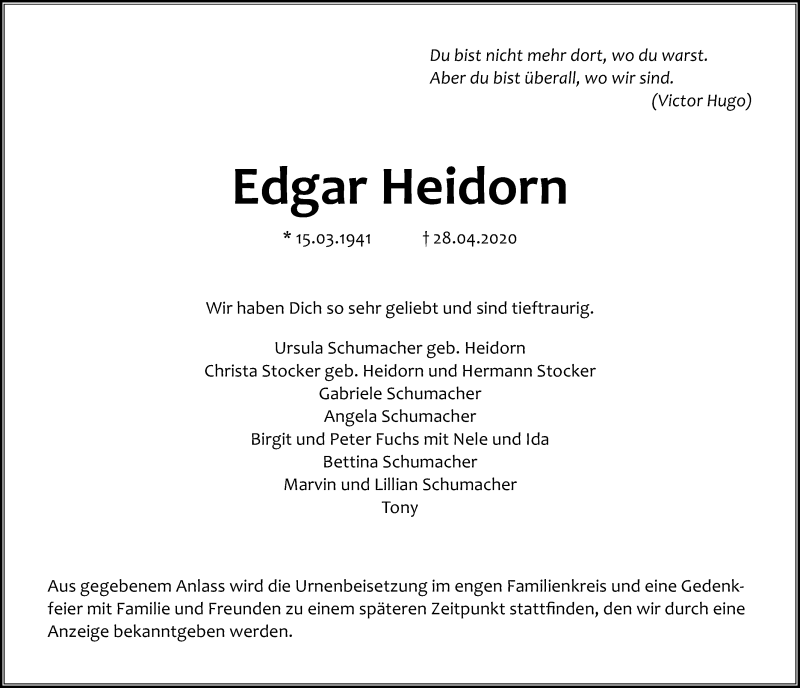  Traueranzeige für Edgar Heidorn vom 09.05.2020 aus Hannoversche Allgemeine Zeitung/Neue Presse