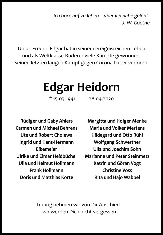  Traueranzeige für Edgar Heidorn vom 02.05.2020 aus Hannoversche Allgemeine Zeitung/Neue Presse