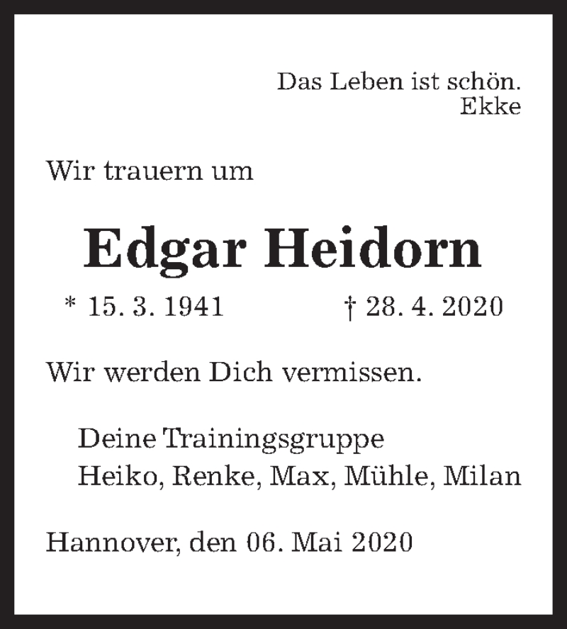  Traueranzeige für Edgar Heidorn vom 09.05.2020 aus Hannoversche Allgemeine Zeitung/Neue Presse