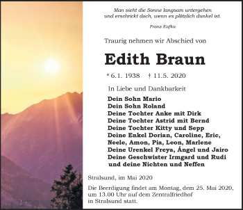 Traueranzeige von Edith Braun von Ostsee-Zeitung GmbH