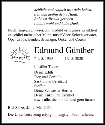 Traueranzeige von Edmund Günther von Ostsee-Zeitung GmbH