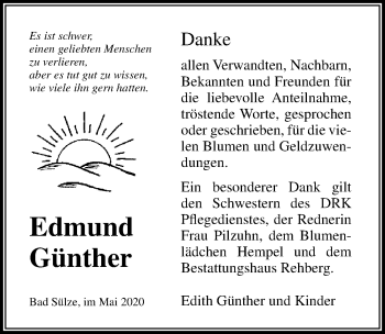 Traueranzeige von Edmund Günther von Ostsee-Zeitung GmbH