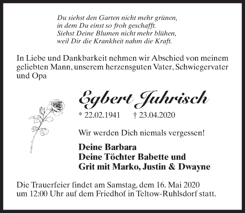  Traueranzeige für Egbert Juhrisch vom 09.05.2020 aus Märkischen Allgemeine Zeitung
