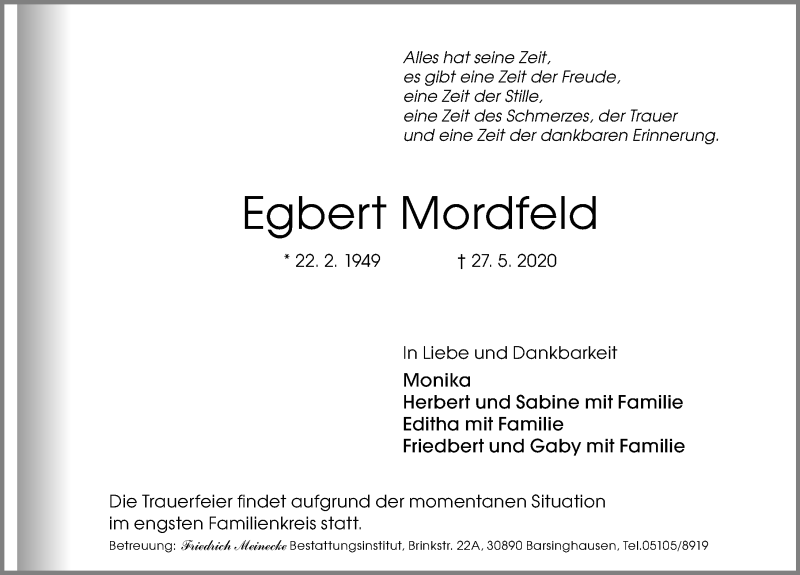  Traueranzeige für Egbert Mordfeld vom 30.05.2020 aus Hannoversche Allgemeine Zeitung/Neue Presse