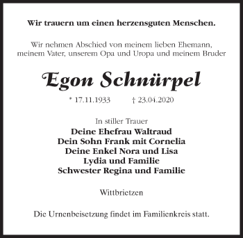 Traueranzeige von Egon Schnürpel von Märkischen Allgemeine Zeitung