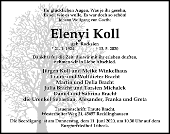 Traueranzeige von Elenyi Koll von Lübecker Nachrichten