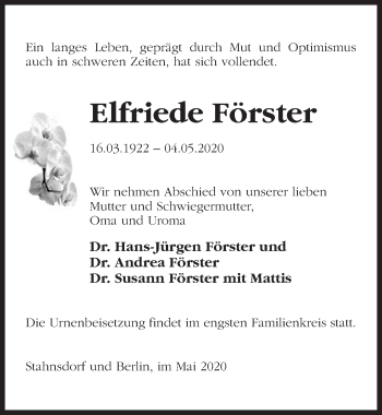 Traueranzeige von Elfriede Förster von Märkischen Allgemeine Zeitung