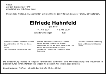 Traueranzeige von Elfriede Hahnfeld von Kieler Nachrichten
