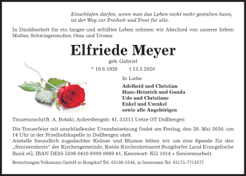 Traueranzeige von Elfriede Meyer von Hannoversche Allgemeine Zeitung/Neue Presse