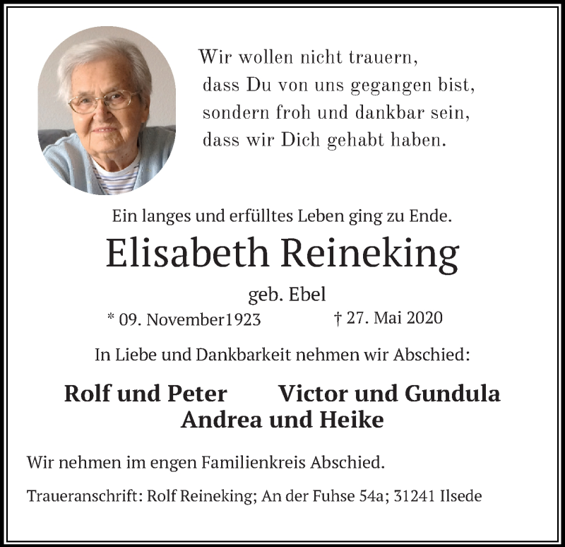  Traueranzeige für Elisabeth Reineking vom 30.05.2020 aus Peiner Allgemeine Zeitung