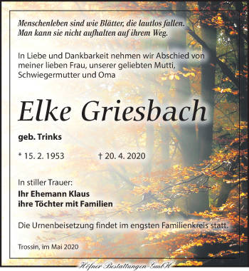 Traueranzeige von Elke Griesbach von Torgauer Zeitung