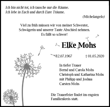 Traueranzeige von Elke Mohs von Lübecker Nachrichten