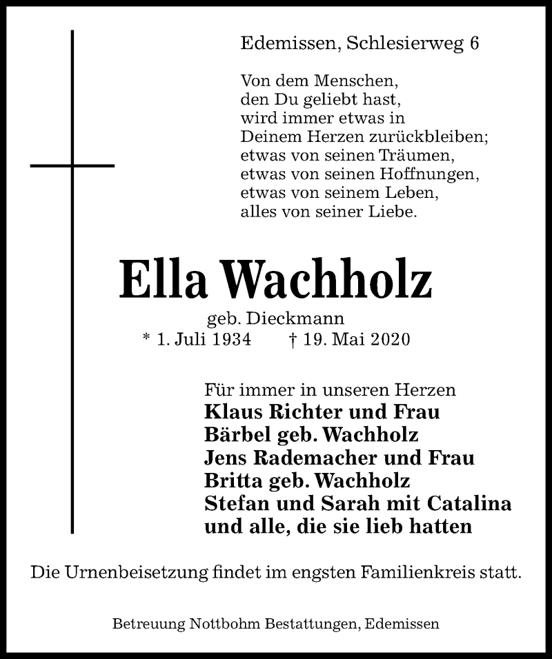  Traueranzeige für Ella Wachholz vom 23.05.2020 aus Peiner Allgemeine Zeitung