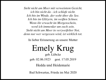 Traueranzeige von Emely Krug von Lübecker Nachrichten