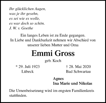 Traueranzeige von Emmi Gross von Lübecker Nachrichten