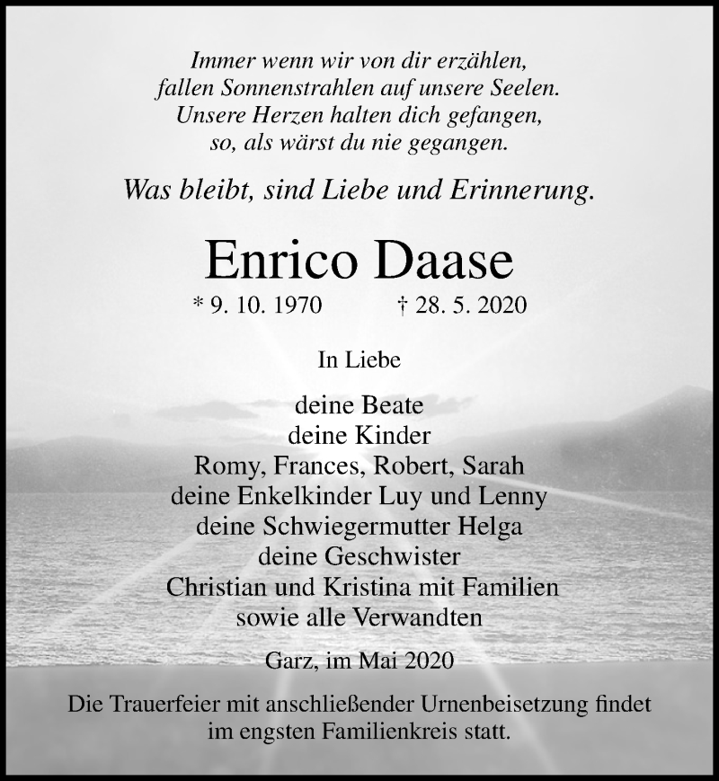 Traueranzeige für Enrico Daase vom 30.05.2020 aus Ostsee-Zeitung GmbH
