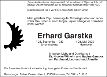 Traueranzeige von Erhard Garstka von Hannoversche Allgemeine Zeitung/Neue Presse